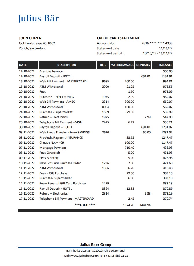 1ONE CARD Bank Statement - BankStatements.net